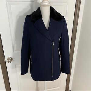 H&M Wool Blend Pea Coat Asymmetrical Zipper Sz 4 Blue